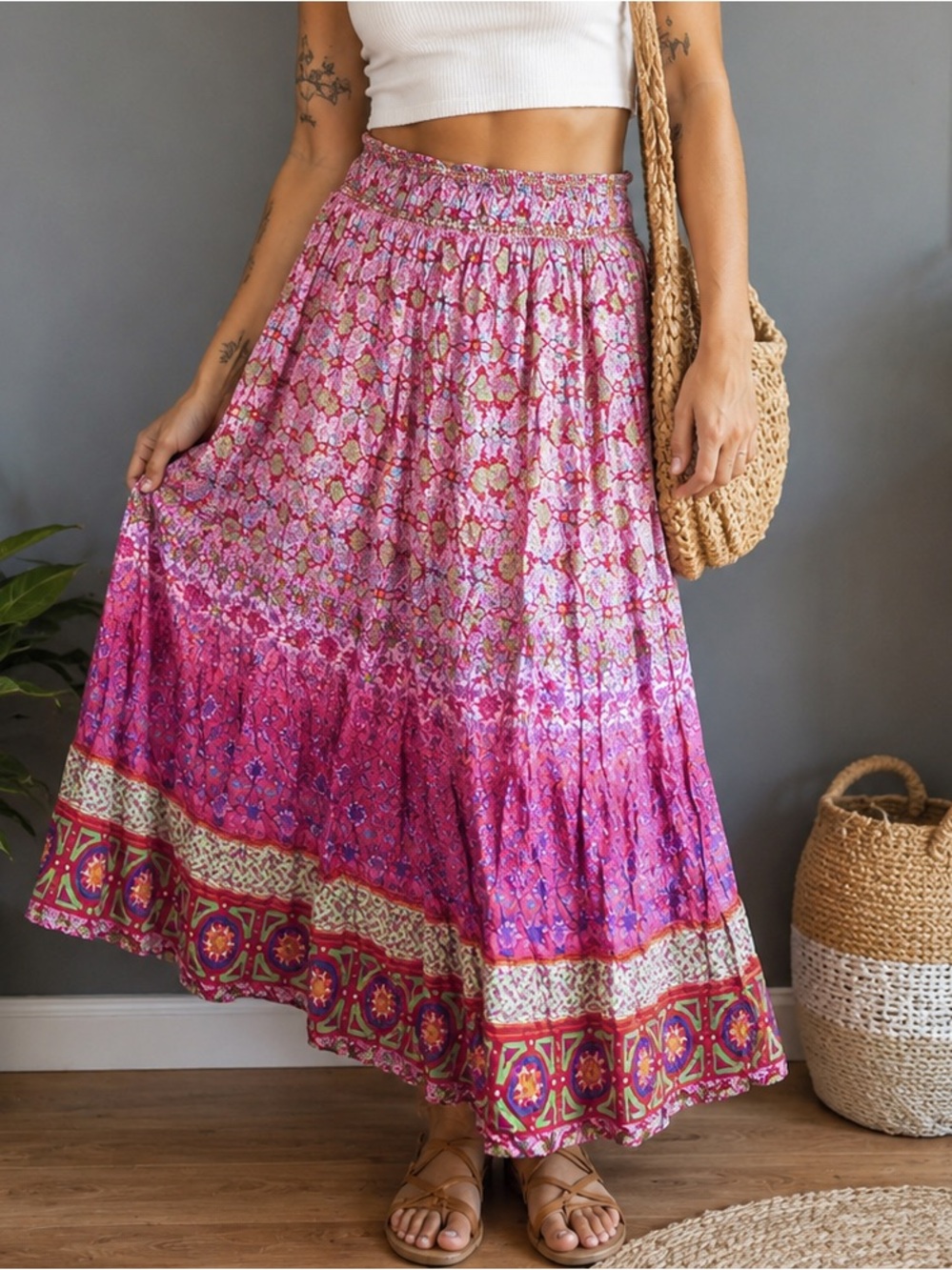 Escapé by OQ Pink Boho Maxi Skirt | Beaded Waist | Festival Bohemian Skirt